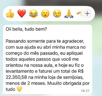 Print de conversa no WhatsApp com depoimento de aluna sobre faturamento de R$ 22.350