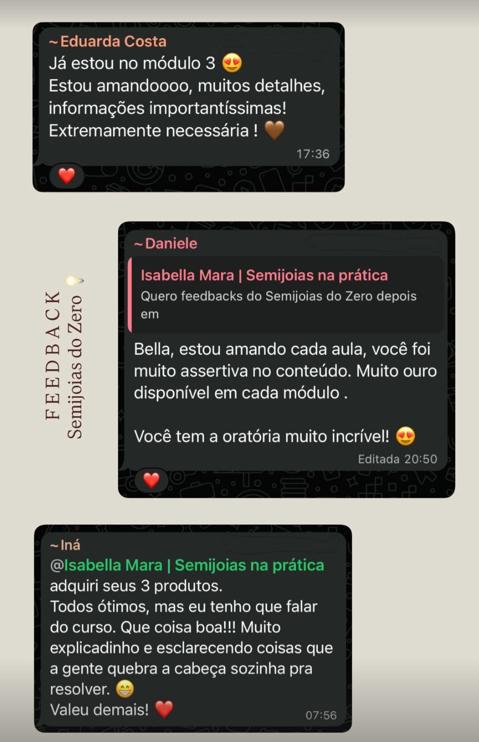 Prints de depoimentos de alunas sobre o curso Semijoias do Zero