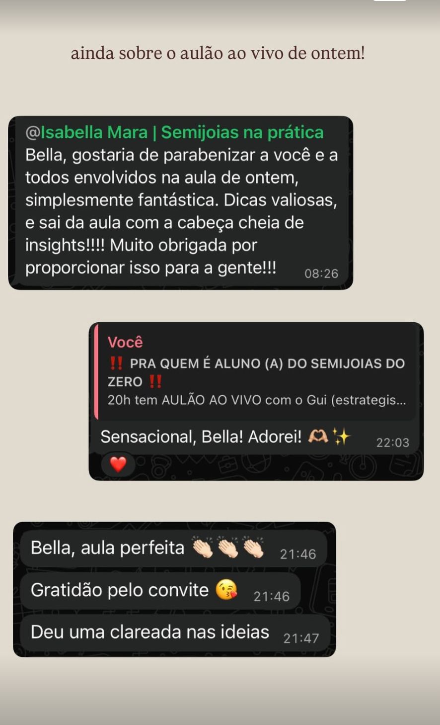 Prints de feedbacks de alunas sobre aula ao vivo