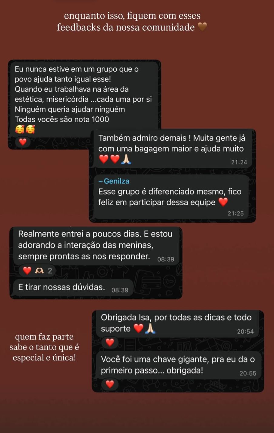 Prints de feedbacks da comunidade de alunas
